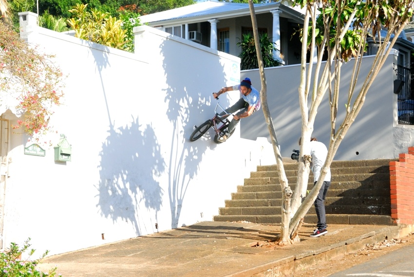 Wall ride down some stairs in the Berea, Durban.